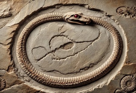 Ouroboros fossil in stone, DonMF0551l5XL, 8k, high resolution, fine quality, high quality, very detailed, photo realistic, snake eating its own tail, snake with its tail in its mouth, solo snake, detailxl, snake has a ruby as an eye.