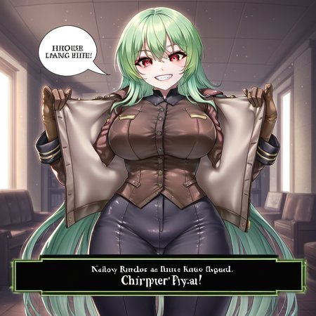 1girl, cthulhu, by kodoto, :d, breasts, brown gloves, brown jacket, buttons, character name, english text, engrish text, gloves, green hair, indoors, jacket, large breasts, long hair, long sleeves, looking at viewer, personification, ranguage, red eyes, smile, solo, speech bubble, teeth, upper teeth only, vanripper (style),