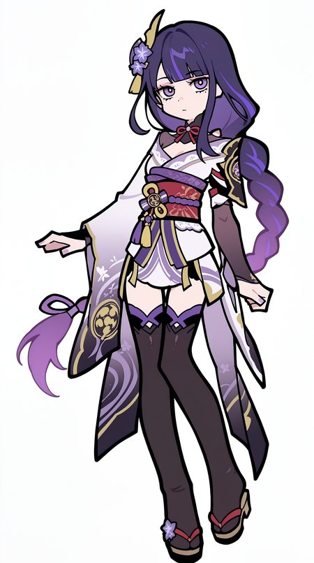 masterpiece, best quality,high quality, newest, highres,absurdres, simple background, white background,    zzzemoji, 1girl, long hair, braid, japanese clothes, solo, sash, purple eyes, purple hair, obi, single braid, bangs, simple background, looking at viewer, hair ornament, sidelocks, thighhighs, white background, shoulder armor, full body, wide sleeves, standing, kimono, blunt bangs, mole under eye, low ponytail, mole, long sleeves                                                                     <lora:ZZZ_Emoji_style_ILv2:1>,