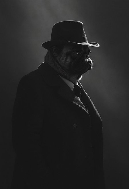 (anthropomorphic pug: 1.29) noir detective in Los Angeles,, Volumetric lighting, concept art, sharp focus, digital art <lora:xl_more_art-full_v1:0.8> <lora:Into_Darkness:0.8>, fedora, smokey, trench coat, revolver held at ready