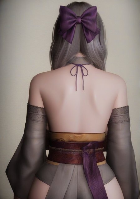 1girl, shiraishi tsumugi, huge breast, arm garter, back, back focus, backlighting, bare shoulders, bow, from behind, grey hair, hair bow, hair over shoulder, japanese clothes, long hair, obi, purple bow, sash, shoulder blades, solo, upper body, wristband, 3d, zPDXL3 <lora:skyrimreal:1>
