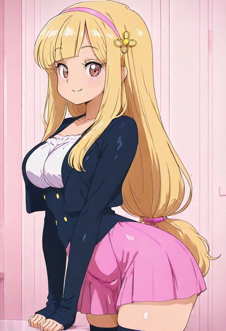 masterpiece, best quality, solo, curvy, beautiful eyes, narrow waist, wide hips, 1girl, solo, smile, looking at viewer,  zzVioletta, 
zzPearlCitron, brown eyes, blonde hair, long hair, straight hair, blunt bangs,, large breasts,,   jacket, sleeves past wrists, pink skirt, black thighhighs, zettai ryouiki,   
side view, ass, leaning forward, cowboy shot, smile, looking at viewer, shiny skin,