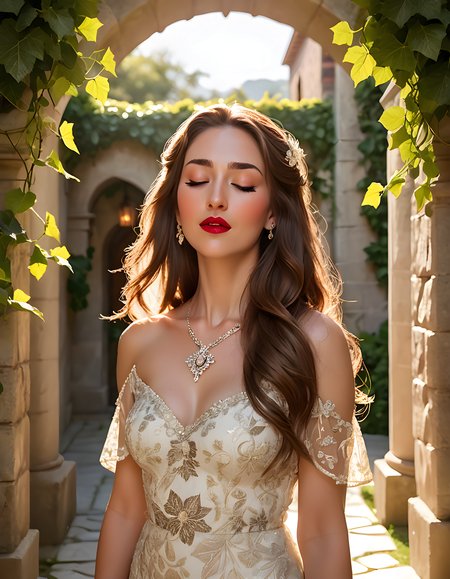 In a vibrant, sun-soaked courtyard adorned with blooming hibiscus and ivy-covered columns, P0PPYJ, a radiant woman with cascading brown hair and striking red lips, stands poised against the soft, textured backdrop of an aged stone wall. She wears an elegant, shimmering gown that catches the sunlight in its intricate patterns, adorned with tasteful jewelry that sparkles like precious stones. The camera angles from slightly above, capturing her closed eyes that reflect a deep sense of tranquility, as if lost in thought or peacefully dreaming. Her long hair flows gracefully around her shoulders, creating a halo effect against the warm, golden light filtering through the courtyard's archway behind her. The scene is serene and captivating, highlighting P0PPYJ's ethereal beauty and inner calm.