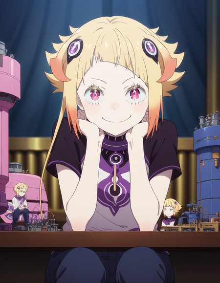score_9, score_8_up, score_7_up, source_anime, <lora:capella-emerada-lugunica-s3-p1-ponyxl-lora-nochekaiser:1>, capella emerada lugunica, short hair, blonde hair, hair ornament, pink eyes, multicolored hair, gradient hair,, shirt, t-shirt, white shirt, pants, denim pants,, factory, machines, workers, assembly, production, smile, sitting, elbow rest, table,, looking at viewer, solo,, dutch angle, cowboy shot