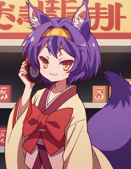 score_9, score_8_up, score_7_up, source_anime, <lora:izuna-hatsuse-s1-ponyxl-lora-nochekaiser:1>, izuna hatsuse, short hair, animal ears, purple hair, hairband, animal ear fluff, fox ears, slit pupils, yellow eyes,, bow, tail, japanese clothes, wide sleeves, kimono, fox tail, short kimono,, music store, browsing records, headphones, vinyl collection, nostalgic, smile, looking at viewer, smug, solo,, cowboy shot, dutch angle