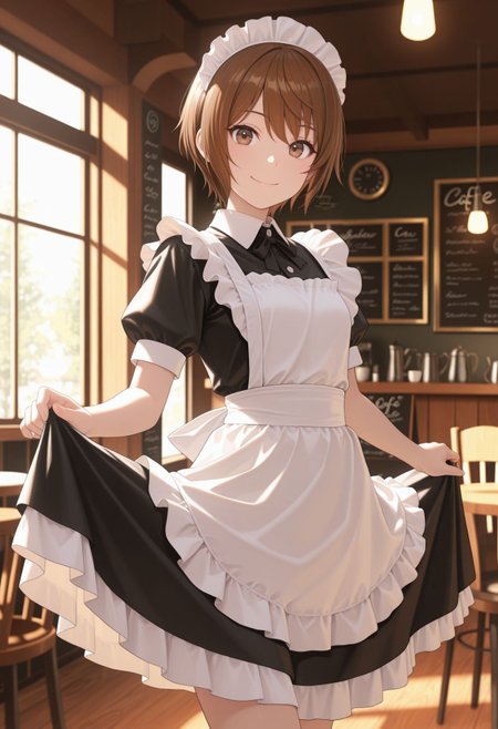 masterpiece,best quality,absurdres,highres,very aesthetic,high quality,detailed,insanely detailed,beautiful,perfect lighting, looking at viewer, smile,
indoors,cafe,(maid:1.4),maid headdress,apron,(skirt hold:1.2),standing,cowboy shot,smile,, maid headdress, apron
 <lora:Kinuhata Saia illu:1> 1girl, short hair, brown hair, brown eyes,