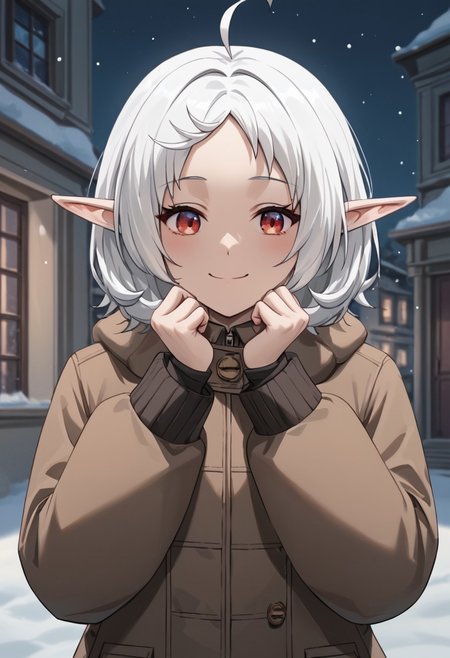(score_9, score_8_up, score_7_up), winter, outside, snow, brown jacket, warm jacket, fur on hood, fur on sleeves, narrow sleeves, holds face, red face from frost, redness from frost, embarrassmen, shy smile, Sylphiette, white hair, medium hair, ahoge, small breasts, parted bangs, red eyes, pointy ears, elf, light particles, clear image,(masterpiece:1.2), Expressiveh, easynegative, ng_deepnegative_v1_75t, best quality,<lora:guizhencaoXL-000018:1>,OverallDetail, Expressiveh, verybadimagenegative_v1.3, high resolution, unity 8k wallpaper, extremely detailed face, extremely detailed CG, ( perfect hands, perfect anatomy, perfect eyes , five fingers)