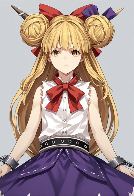 score_9, score_8_up, score_7_up, score_6_up, score_5_up, score_4_up, source_anime, 1girl, solo, 
ibuki suika, double bun, blonde hair, low-tied long hair, hair bow, yellow eyes, sleeveless white shirt, belt, purple skirt, shackles, 
masterpiece, best quality, very aesthetic, absurdres,
