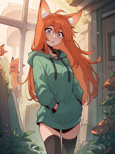 source_anime, score_9, score_8_up, score_7_up, score_6_up, score_5_up, thighhighs,  long hoodie, <lora:D4lm4uXLP:1> d4lm4u, 1girl, curvy, ginger hair, long hair, grey eyes, fox ears