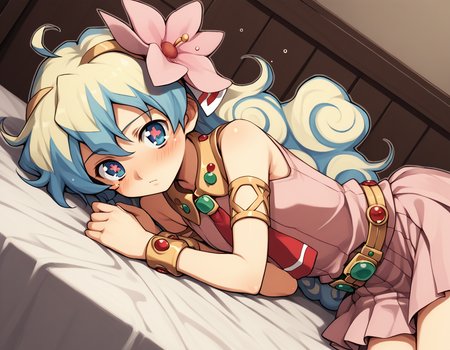 score_9, score_8_up, score_7_up, source_anime,
niateppelin, <lora:nia-teppelin-ponyxl-lora-nochekaiser:1>,
nia teppelin, cross-shaped pupils, hair flower, hair ornament, long hair, multicolored hair, simple background, symbol-shaped pupils, two-tone hair, ahoge, curly hair,
armlet, bracelet, dress, pink skirt, skirt, sleeveless,
indoors, bed, bed room, on side, blush, drunk,
looking at viewer, solo, cowboy shot, dutch angle,