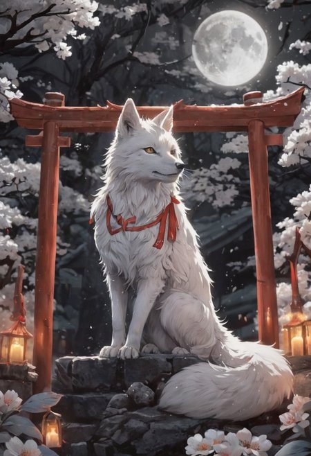 White fantasy Kitsune glowing with mysterious light under the midnight moonlight, Japanese shrine, Japanese mythology, novel comic graphic style, 2D, 8K, hyperrealism, masterpiece,