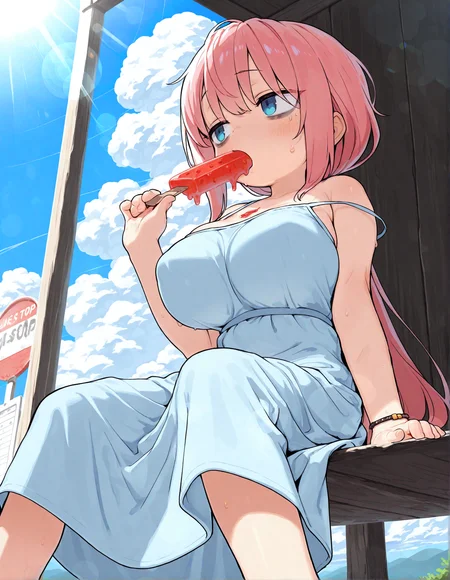 1girl, michinoku komaro, 
pink hair, blue eyes, large breasts, low ponytail, very long hair, bags under eyes,
sitting, legs apart, holding popsicle, eating, looking to the side, sweatdrop, feet out of frame, from below, 
sundress, long dress, sleeveless, bracelet, strap slip, spaghetti strap, 
bus stop, outdoors, day, sunlight, lens flare, sunbeam, cumulonimbus cloud, 
masterpiece, best quality, high quality,
<lora:loffo:1> loffo