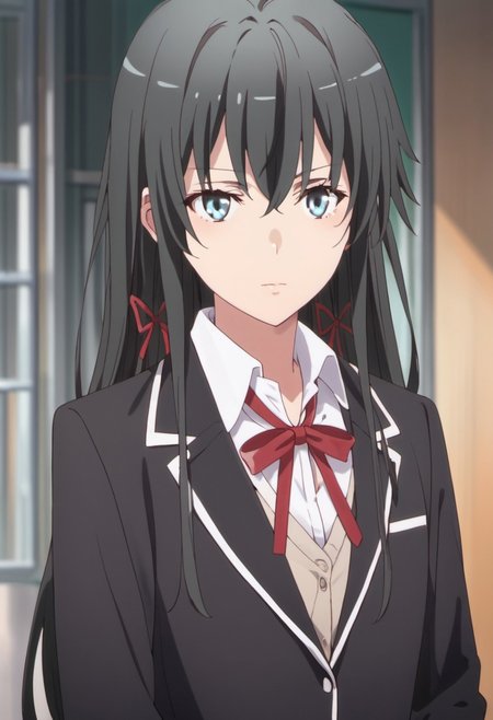 score_9, score_8_up, score_7_up, source_anime, yukinoshita yukino, long hair, black hair, blue eyes, 1girl, sobu high school uniform, solo, school uniform, jacket, black jacket, ribbon, hair ribbon, blazer, red ribbon, shirt
