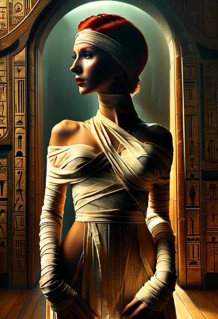 healthy woman age 25 attractive, standing in wide stance, from below, nsfw, nude (muted sage skin), Bride of Frankenstein  as supermodel, tall, fit_body, ab_crack, long_legs, teardrop_boobs, bare_boobs, bottomless, nipples, hood, sheer white bandages, red hair, art deco interior with huge windows, amber eyes, best quality, (art deco starry night background), detailed hair, detailed eyes, rim lighting, hard shadows, ziprealism, DonMM00m13sXL
