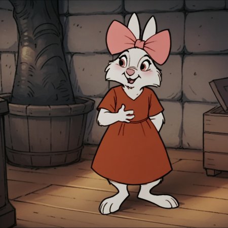 score_9, score_8_up, score_7_up, score_6_up, score_5_up, score_4_up, source_furry, sisrabbitRH, semi-anthro, female, rabbit, white fur, red dress,  pink hair bow, very shy, standing, inside,