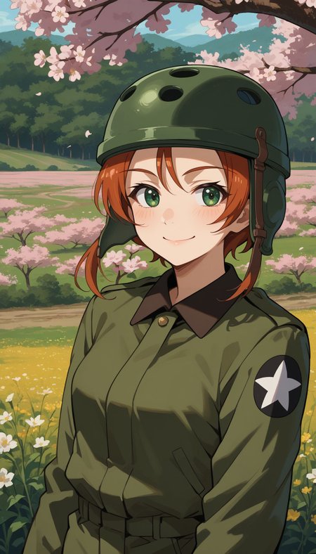 score_9, score_8_up, score_7_up, source_anime, ,outdoors,cherry blossoms,standing,cowboy shot,smile, flower field
 <lora:GUPHelmet:1>, GUPHelmet, 1girl, auburn hair, green eyes, short hair
helmet, gloves, saunders military uniform,  jacket,  body, smile,  long sleeves,