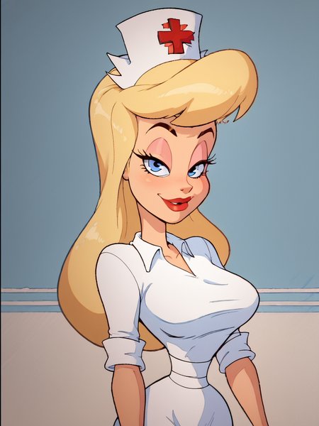score_9, score_8_up, score_7_up, rating_questionable, zPDXL, 2d source_cartoon, (adult:1.2), facing the viewer, , horny, solo 1girl
<lora:Hello_Nurse_XL_Animaniacs:1> Heloise Nerz, 1girl, blonde hair, blue eyes, long hair, nurse cap, red cross, white dress, narrow waist
<lora:Expressive_H:1>
<lora:r3nst1mpyXLP:1> r3nst1mpy,âââ