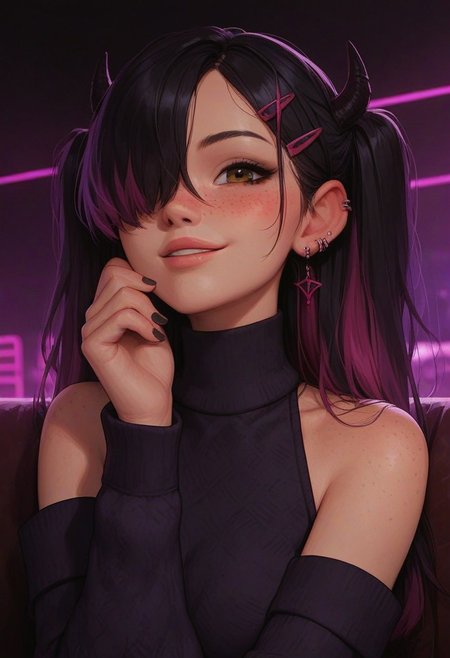 score_9, score_8_up, score_7_up, score_6_up, 
1girl, 25 years old, perfect face, cute, petite, looking at viewer, make up, close view, close up,
freckles, demon horns, 
brown eyes, 
ear piercing, long hair, multicolored hair, black hair, purple hair, hairclip, two side up, hair over one eye, 
purple chocker, 
plaid sweater, purple sweater, black sweater, bare shoulders, detached sleeves, black nails, 
blush, shy smile, 
portrait, face focus, detailed face,
party, nightclub,