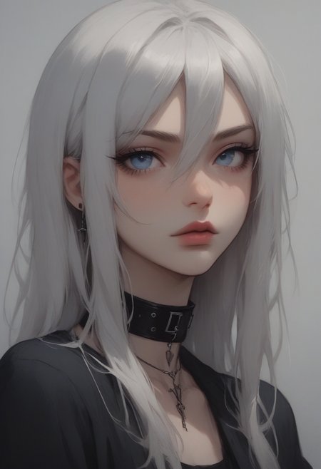 score_9, score_8_up, score_7_up, Goth girl, goth girl 1girl, 1girl,solo,long hair,looking at viewer,blue eyes,jewelry,collarbone,white hair,grey hair, hair between eyes, choker,necklace,collar,shadow,black choker,portrait,close-up, painting,  gray background, <lora:[GP] somethingweird [Pony XL]:0.2>, <lora:g0th1cPXL:0.3>, <lora:Concept Art Twilight Style SDXL_LoRA_Pony Diffusion V6 XL:0.8>,   <lora:Goth_girl_XL-v2:0.8>
