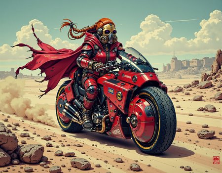 A digital artwork in the style of cknc, wide shot, tall vikingpunk woman riding a red mad-cbrbk motorbike driving through a desert wasteland, she is wearing a futuristic plate armor and red cloak that are covered in celtic runes, her ginger braided hair floats in the wind as she speeds through the barren desert, <lora:fluxVikingPunk:0.6> <lora:Cyberbike_FLUX:0.7>  <lora:ck-nc-pastel-cyberpunk:1.3>