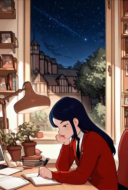((cartoon, screencap,,))  <lora:tiffanyos:1> tiffanyos, 1girl, long hair, blue hair, parted bangs, black necktie, school uniform, white  undershirt, lipstick, long red jacket, study table, desk lamp,  <lora:LofiGirl_Style_IXL:1> zzLofi, sitting, side view, desk, chair, book, bookshelf, head rest, holding, holding pen, lamp, night, open book, pen, plant, potted plant, sky, star (sky), starry sky, window, windowsill, writing, masterpiece, best quality, amazing quality, very aesthetic, absurdres, newest,
