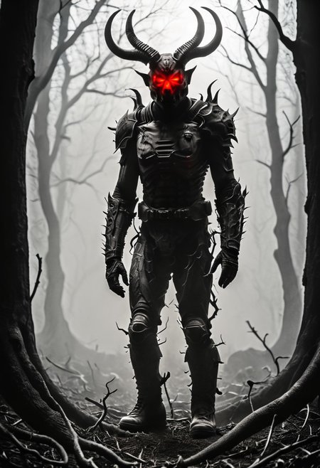 silhouette style, cinematic film still of the silhouette of an disembodied of a female demon,head, multiple eyes, horrific, with a megaphone instead of his head sitting on a branch at night, with glowing eyes, very detailed, haze lighting, backlit, 4k uhd masterpiece, blackmetal style, xerox, black and white, BadDream, UnrealisticDream, Doomguy, soviet poster, femalebonedemon