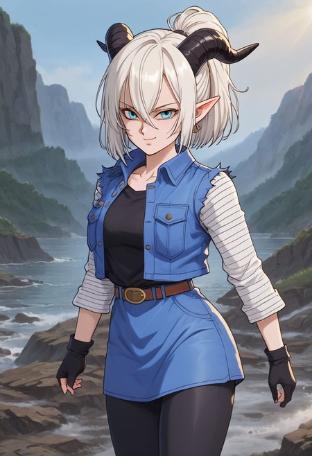 score_9, score_8_up, score_7_up, BREAK MiavtSDXL,  sfrieren 1girl, solo,  short hair, blue eyes, hair between eyes, medium breasts, ponytail,  (white hair), black horns, pointy ears, goat horns, double pigtail, BREAK close up BREAK android 18, classic look, black shirt, denim jacket, vest, striped sleeves, belt, denim skirt, black pantyhose, evil laugh, outdoors, island, smile, rain
