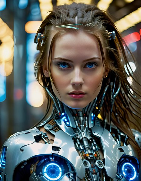 cinematic photo 1girl, cyberpunk, science fiction, cyborg, looking at viewer, realistic, blue eyes, brown hair, lips, long hair, blurry background, upper body, highly detailed, advanced, futuristic, intricate, dynamic light, thought taking artistic, elegant, sharp focus, professional, surreal, beautiful, dramatic color, cute, fine detail, enhanced quality, very inspirational
 <lora:CyborgsXL:1>, , <lora:FILM_PHOTOGRAPHY_STYLE:0.25> . 35mm photograph, film, bokeh, professional, 4k, highly detailed