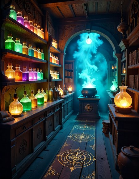 A dimly lit, mysterious alchemy shop filled with ancient books, glowing potions, and strange magical artifacts. Wooden shelves, covered in dust and cobwebs, are packed with glass bottles containing bubbling liquids in deep purples, shimmering golds, and eerie greens. The air is thick with swirling mist, and candlelight flickers, casting long shadows across the stone walls. In the foreground, an old wooden counter holds an open grimoire, alongside mortar and pestles, dried herbs, and mysterious symbols carved into the surface. Strange objects like a levitating crystal orb, a preserved dragonâs eye in a jar, and an enchanted dagger with glowing runes are displayed throughout the space. A bubbling cauldron in the corner emits a soft, eerie glow, illuminating the intricate arcane symbols on the floor. The atmosphere is dark, mystical, and full of ancient secrets, evoking a sense of forgotten magic and hidden knowledge.
<lora:SDXLFaeTastic2400:0.4> <lora:extremely_detailed:0.4> extremely detailed,<lora:mysterious_4lch3my_sh0p:1>,mysterious 4lch3my sh0p, Masterpiece,best quality,hi res,8k,hi res,8k,award winning,(sharp focus, intricate, highly detailed),