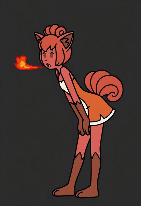 1girl, solo, ms paint style, vector illustration, clean lineart, bold outlines, limited palette, flat color, cel shading, no gradients, minimalist shading, solid fills, 2D digital art, cartoon style, comic style, vulpix, monster girl, personification, red skin,  dress, fox ears, tails, leaning forward, side view, breathing fire, :o