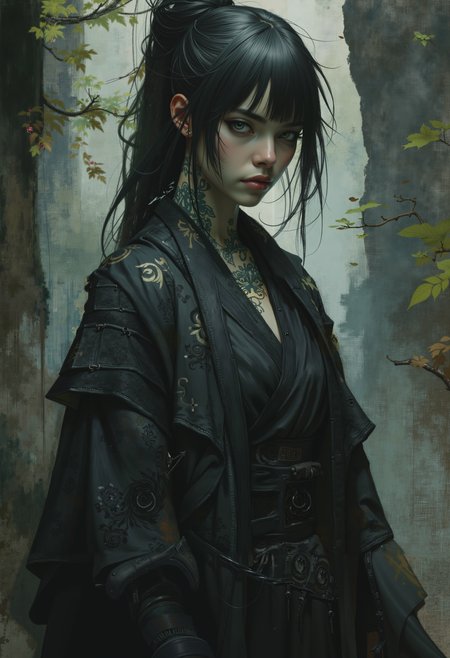 (bo-naturepunk:0.85), (greenpunk:0.85), (naturecyberpunk:0.85), OBxiaoxiang, A fierce Korean female rogue stands in the shadows, exuding an aura of deadly precision and silent menace. Her dark, piercing eyes hold a cold, calculating gaze, her sharp cheekbones and full lips set in an expression of unwavering focus. Her long black hair is styled in a high ponytail or an intricate updo, emphasizing both practicality and elegance.  She wears sleek, form-fitting black clothing, blending the flowing elegance of a reimagined hanbok with the tactical precision of an assassinâs attire. The dark fabrics are layered, reinforced with subtle armor plating for agility and silent movement. Faint, intricate patternsâreminiscent of ancient Korean motifsâare woven into the cloth, visible only when caught by the dim light. Black leather bracers wrap around her wrists and forearms, providing both protection and grip.  Her skin is marked with elegant yet intimidating tattoosâblack ink symbols and patterns stretching down her arms, curling around her neck, and vanishing beneath the fabric on her chest. Their meanings remain a mystery, but they whisper of an oath, a past, or a hidden power. A finely crafted dagger, its hilt adorned with traditional Korean engravings, rests at her hip, while razor-sharp throwing needles are strapped to her thigh, always within reach.  The atmosphere around her is charged with tension, the air thick with an almost supernatural stillness. The hyperrealistic rendering captures every fine detailâthe subtle sheen of her dark clothing, the sharp contrast of inked skin against pale light, and the poised, controlled energy in her stance. Shadows cling to her like loyal companions, wrapping her in an aura of quiet danger. A silent force, unseen until itâs too late.<lora:Flux\boFLUX Naturepunk.safetensors:0.55:0.55> <lora:Flux\OBååå®èåç»V2.0.safetensors:1.0:1.0>