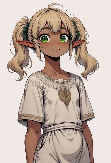 Lapanya, 1 person, solo, pointy ears, ((snout nose)), flat chest, stocky stature, wide hips, slightly chubby, bangs, ((dark tan skin)), blonde hair, twintail hair, wavy hair, grinning, friendly expression, green irises, tan tunic, smooth cavern background,  
Lineart, clean lines, ((flat color)), up close, upper body focus, highly detailed face, high quality, best quality,  score: 9, score: 8 up, rating: safe