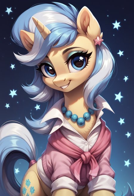 score_9, score_8_up, score_7_up, score_6_up, score_5_up, score_4_up, my little pony, ((feral pony)),   1girl, ((solo)), (sexy),beautifully detailed, (detailed cute pony face), ((detailed blue starry background:1.5)), ((woman)), high angle, (cute smile:1.0), ((up-close))  1girl, ((solo)), (sexy), full body,    <lora:Upper Crust:1>Upper Crust, unicorn, white shirt, pink sweater, necklace with blue beads, round pink earrings
<lora:OtherStyle_01:1>