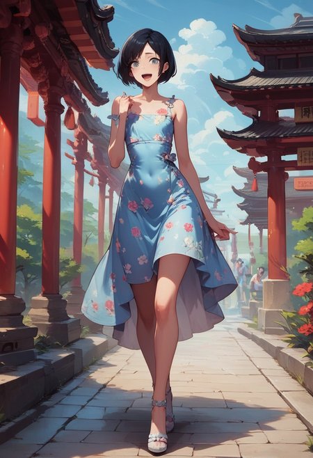 score_9, score_8_up, score_7_up, 1boy, femboy, otoko no ko, short hair, bob cut hair, black hair, grey eyes, gray eyes, feminine face, toned body, Shelly, walking, floral sundress, cute sundress, happy expression, excited, high heels, highly detailed, intricate, zzCitronLegacy, outdoors, Japan, shinto temple, crowded