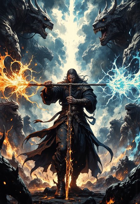 A dramatic action scene with a battle-hardened mage as the focal point, framed in the center of the composition. The mage wields a long, glowing staff horizontally, its ends radiating opposing elements—fiery orange flames on the left and icy blue energy on the right. His stance is dynamic, one arm extended outward to counterbalance his powerful pose, as his robes swirl fiercely around him, caught in the momentum of his movements. The mage's piercing gaze is locked onto unseen foes, exuding confidence and determination. A radiant burst of light emanates from the staff's core, illuminating the cloudy, turbulent sky behind him. In the foreground, silhouetted figures of monstrous enemies loom, closing in from either side, their jagged weapons raised threateningly. The framing captures the intensity of the moment, emphasizing the mage’s control over elemental forces and the impending clash of power.
