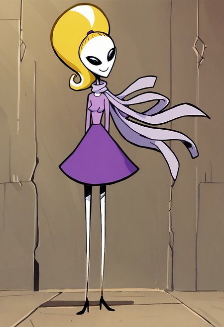 score_9, score_8_up, score_7_up BREAK YvetTO, 1girl, blonde hair, ponytail, pale skin, black eyes, black alien eyes, alien, black sunglasses, long-sleeved light purple shirt, lavender scarf, purple skirt, high-heeled shoes, smiling at viewer,