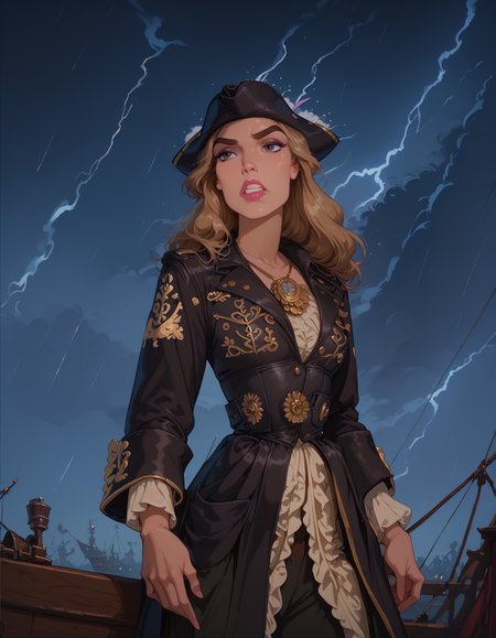 <lora:Disney_Style:.9> <lora:princess_xl_v2:.75> <lora:add-detail-xl:.9> <lora:g0th1cPXL:.3> <lora:Cherry-Gig:.45> <lora:Expressive_H:1> <lora:PLASTT_PonyV6:1> <lora:Elizabeth_Swann_ZairaSass_v1:1> score_9, score_8_up, score_7_up, zPDXL, DisneyRenstyle, score_9,score_8_up,score_7_up,score_6_up, 
(stormy ocean background, rain, storm, lightning, night, on pirate ship, ambient light), (standing, full body, dynamic pose, low angle), 
1girl, solo, sexy 18 year old, British girl, (Elizabeth Swann, Pirate King), perfect face, beautiful face, defined cheekbones, defined jawline, light brown hair, thick hair, thick dark eyebrows, dark brown eyes, dark lashes, thin lips, 
angry expression, confident, narrow eyes, hands on hips, perfect hands, 5 fingers, slender waist, tall, slender, accurate proportions, correct anatomy, 
black coat with decorative golden symbols, black leather underbust corset, black trousers, black boots, legs apart, black tricorne hat,