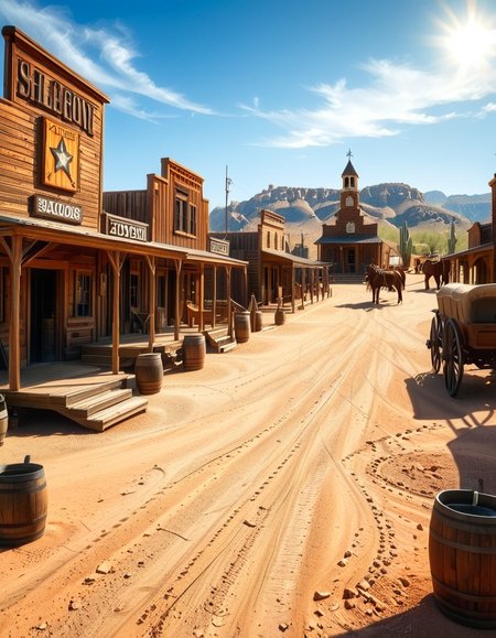 A classic Wild West town in the late 1800s, surrounded by arid desert and towering rock formations. The dusty main street is lined with wooden buildings, including a saloon with swinging doors, a sheriffâs office with a star emblem, a general store with a wooden sign, and a blacksmithâs shop with tools hanging outside. Old-fashioned wooden wagons are parked along the street, and a few horses are tied to hitching posts. The atmosphere is lively, with cowboys wearing wide-brimmed hats, boots, and leather dusters walking around, some talking near the saloon while others ride horses. The sky is bright blue with a few wispy clouds, and the sunlight casts long shadows on the ground. In the background, a water tower stands tall, and a windmill slowly turns in the breeze. The scene is full of rustic details, evoking the adventurous spirit of the American frontier.<lora:SDXLFaeTastic2400:0.4> <lora:extremely_detailed:0.4> extremely detailed, <lora:Western_v1ll4g3:1>,Western v1ll4g3, Masterpiece,best quality,hi res,8k,hi res,8k,award winning,(sharp focus, intricate, highly detailed),