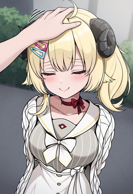 masterpiece, best quality, 1girl, solo, W4tameCas, horns, blonde hair, ahoge, side ponytail, short hair, two-tone hairclip, yellow hairclip, pink hairclip, vertical-striped dress, grey dress, white skirt, high-waist skirt, white sailor collar, red choker, white bow, white cardigan, headpat, pov hands, eyes closed, blush, smile, smug, outdoors,  <lora:ChamTsunomakiWatameNoob:1>