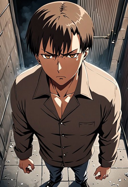 high resolution, solo, best quality, 1Boy, Takaki Toono, Brownish Hair, Brown Eyes, casual, seen from above, gangster, dominant, intimidate, OverallDetail