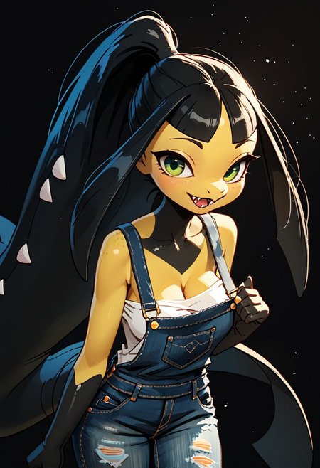 (((pkmaw))), female, anthro, multicolored skin, yellow skin, black skin, score_9, score_8_up, score_7_up, score_6_up,  1girl, solo, mawile, gorgeous girl , kawai girl , cute face, cute smile, cute cheeks , beautiful light green eyes, ponytail , long hair ,open mouth, (((short fluffy hair))) , ((wearing casual denim overalls over a white tank top, with straps undone)), nipple slip, ((large saggy breast)), bend forward, downblouse, cleavage , standing , (slim fit), pose , boob focus , boob focus , sexy posing ,perfect lighting , dark background