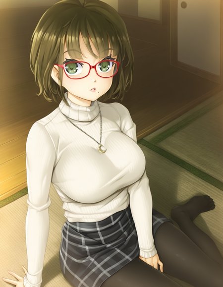 tsukioka karen, dark green eyes, dark brown hair, mole under mouth, red-framed eyewear, short hair, large breasts, white turtleneck sweater, plaid skirt, black pantyhose, crescent necklace, sitting, tatami, parted lips, solo <lora:Biman Adam-000063:1>