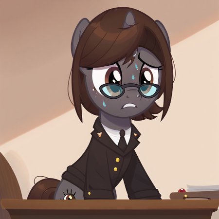 masterpiece, perfect detail, best high quality, source_pony, show accurate, cute, 1girl, solo, female, oc:sonata, glasses, attorney suit, badge on collar, pony, courtroom, defense stand, standing, standing behind desk, front hooves on desk, standing against desk, frown, scenic painting in background, nervous, sad, sweating, gritted teeth, beautiful, looking down, score_9, score_8_up, score_7_up, score_6_up, score_5_up, score_4_up