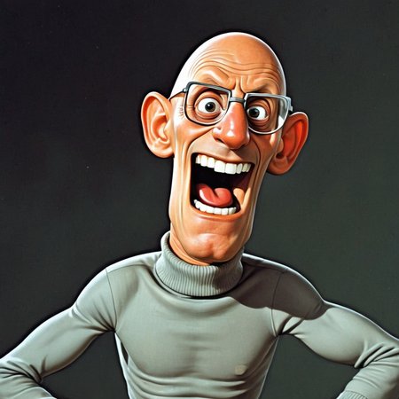 cartoon of (michelfoucault:1.3) man, turtleneck, (  donmartin style:1.2)  ( caricature:1.3), HQ, high resolution, ,  solo,  fisheye lens closeup, extremely  Joyous   expression , (3/4 face angle pose:1.5), hyper-realistic,  upper body, arms and hands,  detailed eyes, by don martin, plain dark background, rim lighting, vignette <lora:DonMartin_StyleXLv7.0-000024:0.6>   <lora:michelfoucaultXL_10-17-23_v1.6:0.9>