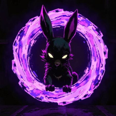 ArcaneFGTNRhigh  swirling purple glowing adorable rabbit, highlighted in white, swirls, black rabbit head with glowing eyes looking forward, black purple glowing in a circle that is hollow in the middle, simple background, round circle of swirls