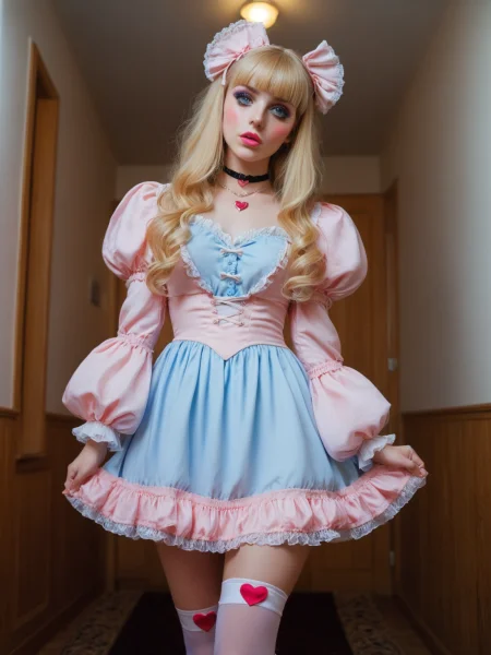 21 yo house-wife, wide-angle, fisheye, full-length portrait, flash photo, blonde, blunt bangs, narrow hips, skinny, thin, petite, very tight rococo mini-dress, puffy sleeves, heart choker necklace, shiny pink lipstick, blushing pink cheeks, long legs, leg garters, platform, high heels, frilly socks,  very long hair, bold makeup, simple background, subtle details, unique perspective, looking up at viewer, begging eyes, huge diamond ring on finger, glare from ring, photograph, detailed, realistic, detailed feet, detailed hands,
<lora:MJ52:0.4>  <lora:c41_zenit_kodakgold_SDXL:.6>