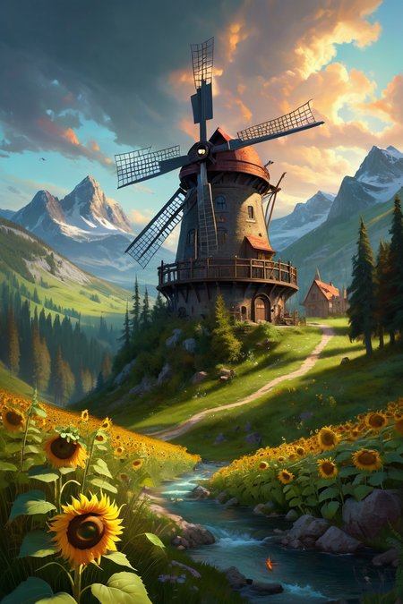 sunflower forest clearing with wooden windmill, mountain-spring necropolises where hot spring pools brew resurrection algae, their steam vents guarded by salamander spirit mediums, cinematic view, epic sky, detailed, concept art, low angle, high detail, warm lighting, volumetric, godrays, vivid, beautiful, trending on artstation, by jordan grimmer, huge scene, grass, art greg rutkowski,
 <lora:detailed_notrigger:0.7>, <lora:add-detail-xl:0.3>, oil painting art style from Renaissance period, masterful composition, Renaissance mood, renaissance oil painting, brush strokes, Baroque art style, dynamic composition, dramatic lighting, rich colors, intricate details, professional-grade execution, captures the grandeur and theatricality of the Baroque period