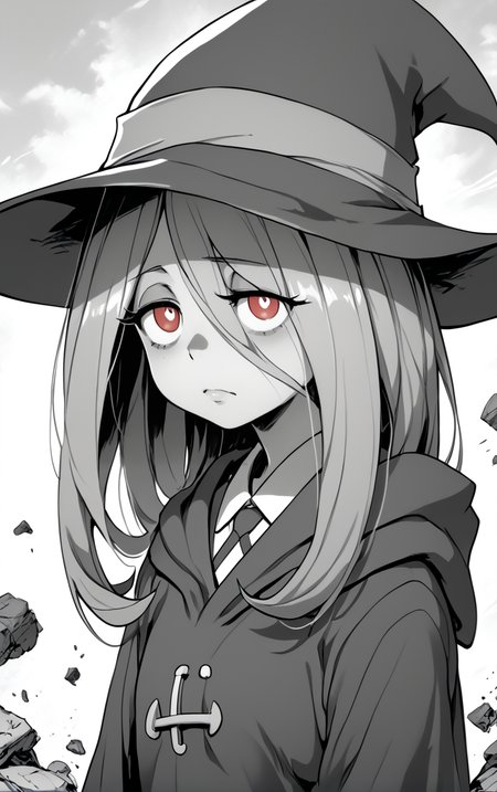 <lora:Sucy:1> sucy manbavaran, little witch academia, <lora:MythM4ngaStyle:1> monochrome, red eyes,