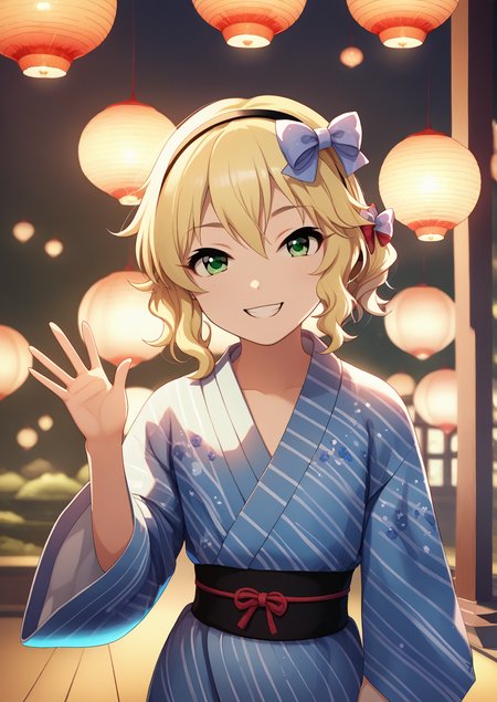 <lora:Anime Style 2 SDXL_LoRA_Pony Diffusion V6 XL:0.5>, score_9, score_8_up, score_7_up, source_anime, (masterpiece, best quality:1.2), extremely detailed, soft ambient lighting, sharp focus, 4K, BREAK <lora:SakuraiMomoka_pony_v1:1> skrimmk, 1girl, solo, short hair, blonde hair, wavy hair, hairband, hair bow, bangs, hair between eyes, green eyes, flat chest,  japanese yukata, BREAK looking at viewer, smiling, happy, waving hello,
