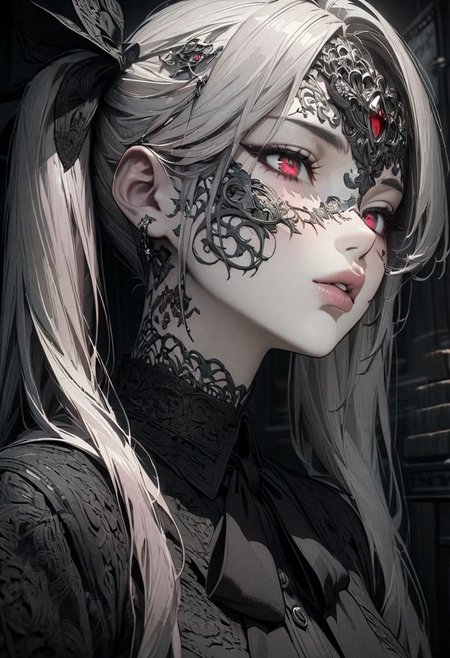 1woman, solo,  long hair, pink hair, black choker, green eyes, eyeliner, gorgeous lips, cinematic, gorgeous lips, (masterpiece), (best quality), (ultra-detailed), very aesthetic, illustration, perfect composition, intricate details, absurdres, detailed face, (anime, masterpiece, intricate:1.3), (best quality, hires textures, high detail:1.2), (4k),(incredibly detailed:1.4) 
greyscale, black schoolgirl uniform with red, white hair pigtails with bows, red eyes, dark erie room, ambient lighting